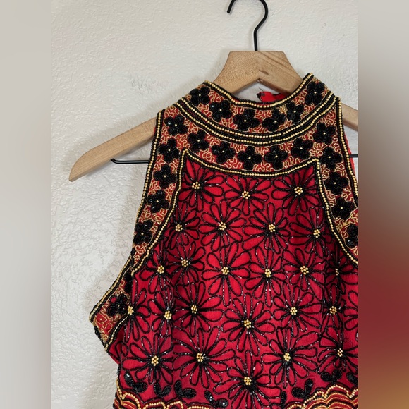 Papell Boutique Evening 100% Silk Beaded Sequin Halter Blouse Black Red size L - Picture 3 of 11